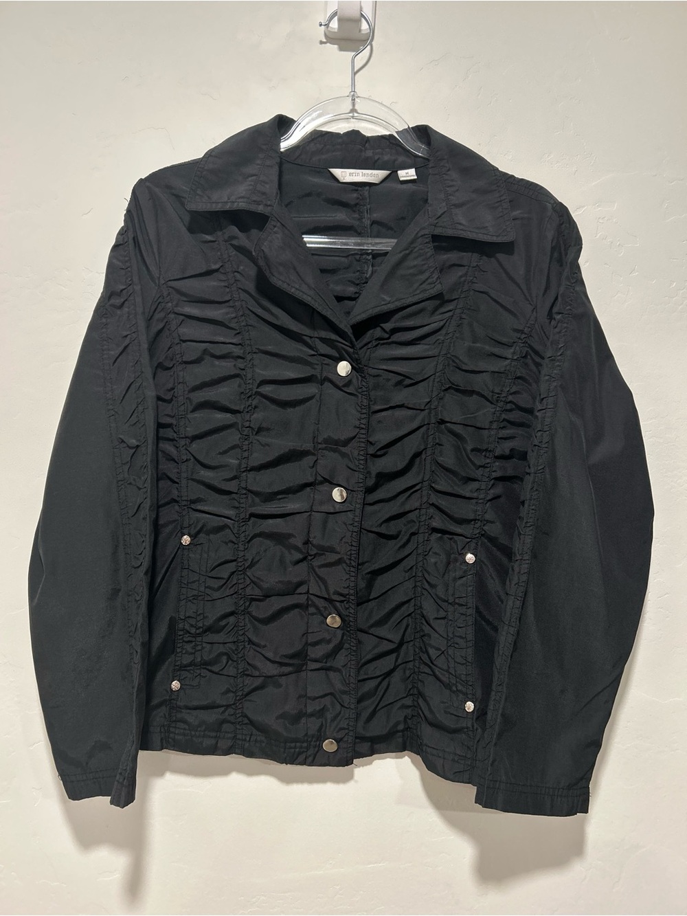 Y2K Black Ruched Crinkle Jacket Women’s Medium Erin London Lightweight Snap EUC